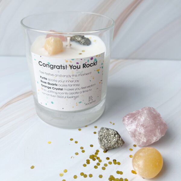 Congrats! You Rock Edelsteen Geurkaars – Met Oranje Calciet, Rozenkwarts & Pyriet