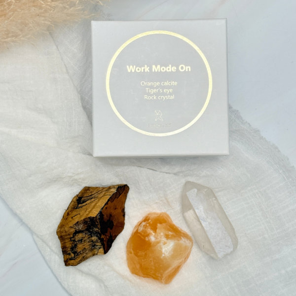 Work Mode ON Box – Edelstenen Giftbox voor Focus & Succes (Tijgeroog, oranje Calciet & Bergkristal)